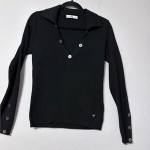 Woman’s Walter Genuin Black Cashmere Wool Blend Polo Style Sweater Metal Buttons